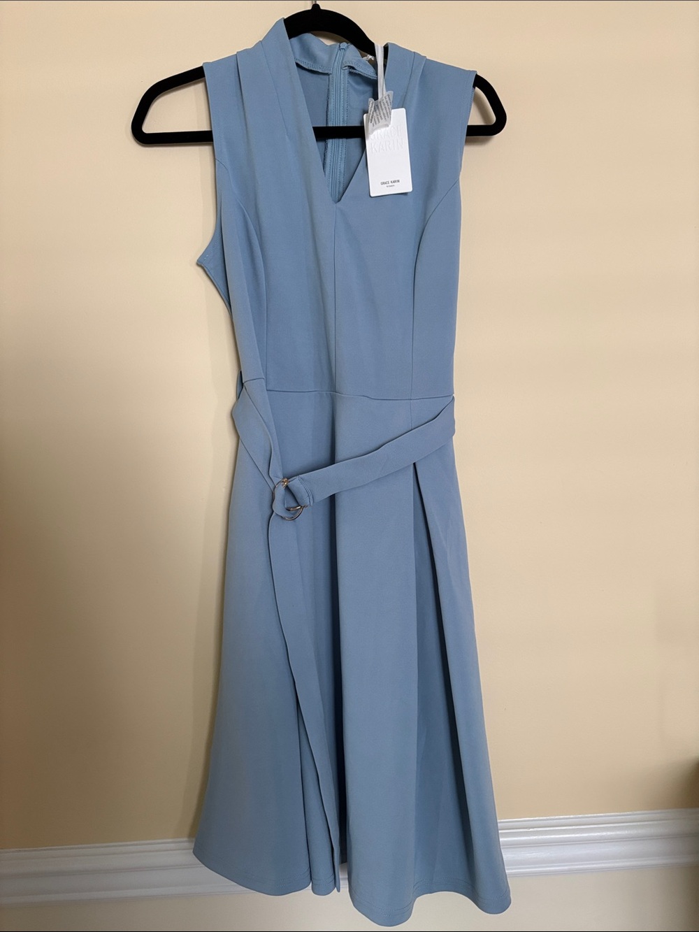 New Grace Karin Sleeveless Blue Belted A-Line Dress L